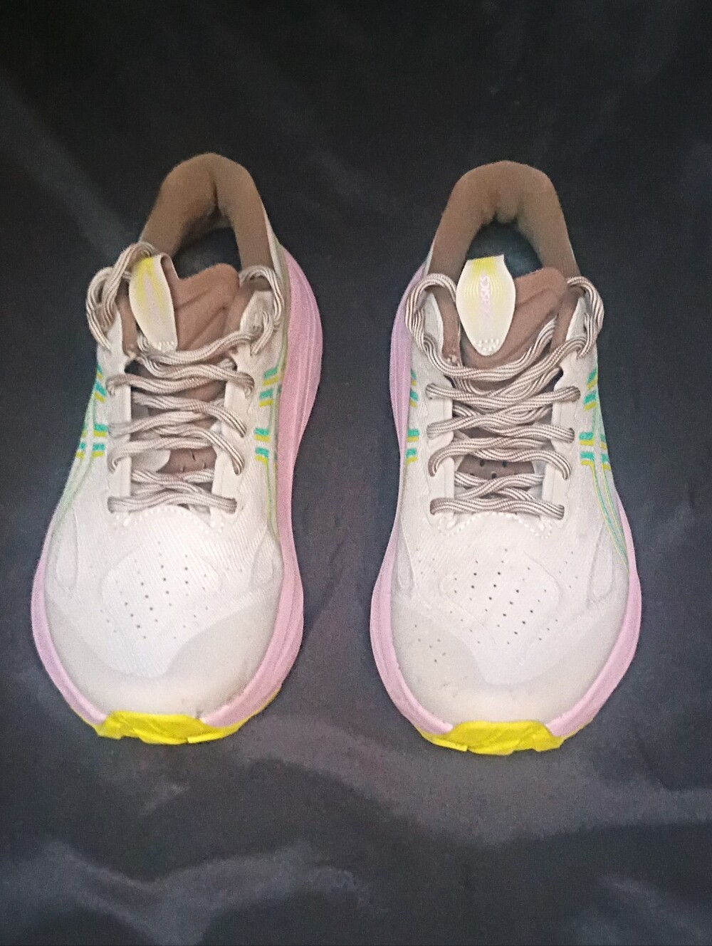 Asics Beige Athletic Sneakers with Pink Midsole and Yellow Toe